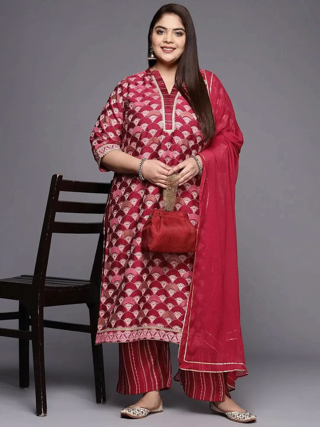 Plus Size Red Printed Silk Blend Straight Suit Set - Libas 