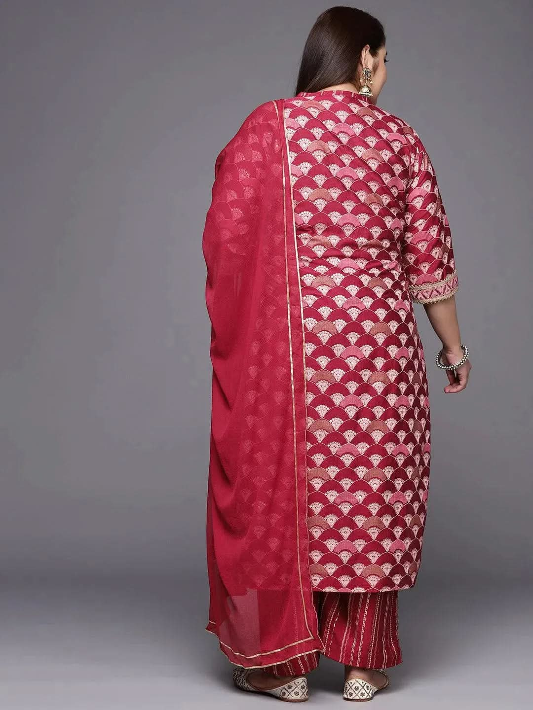 Plus Size Red Printed Silk Blend Straight Suit Set - Libas