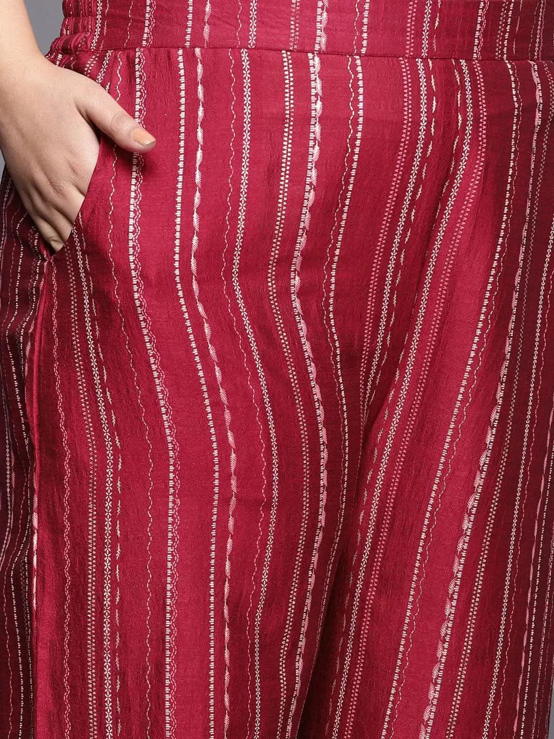 Plus Size Red Printed Silk Blend Straight Suit Set - Libas 