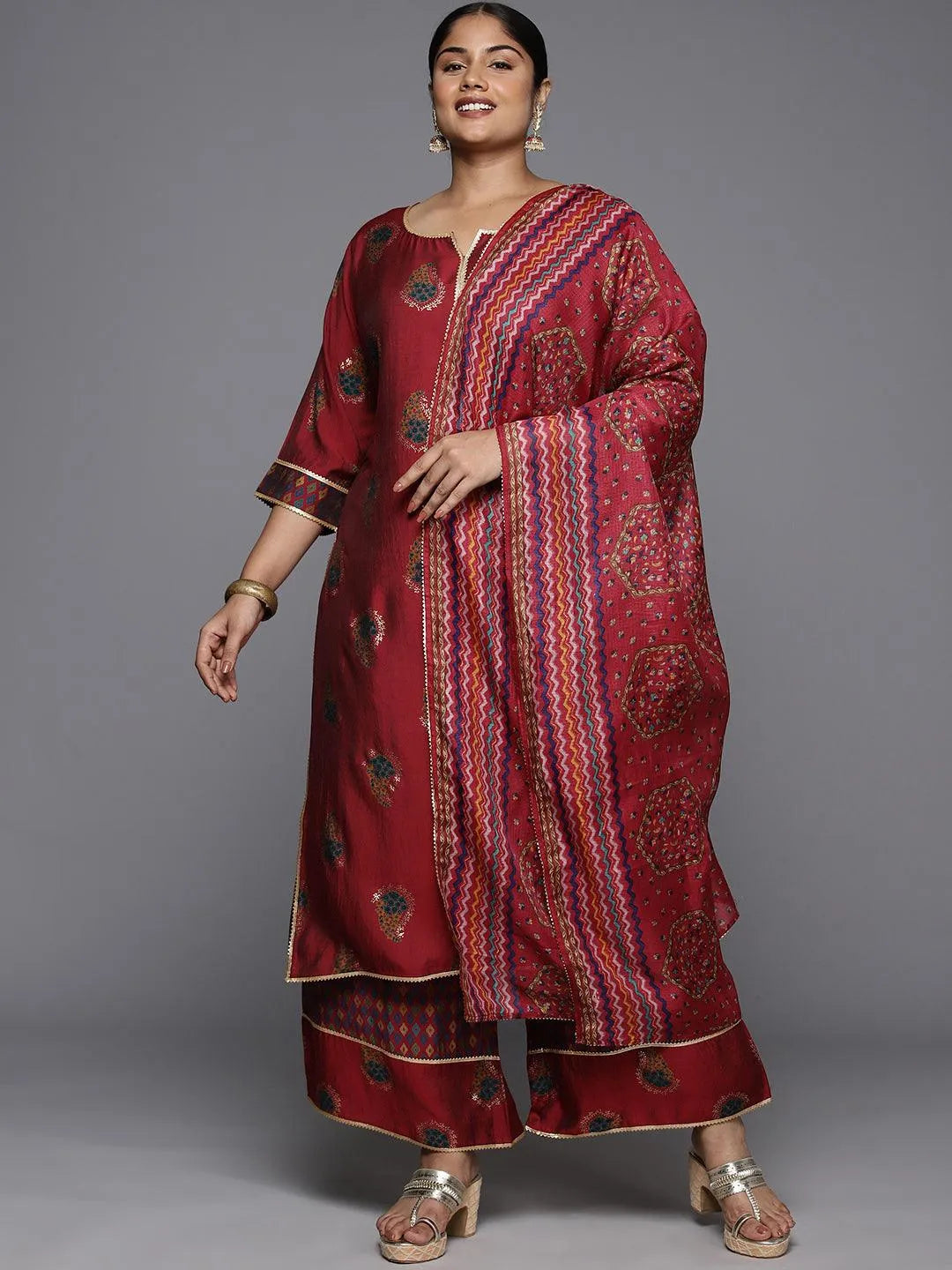 Plus Size Red Printed Silk Blend Straight Kurta With Palazzos & Dupatta - Libas 