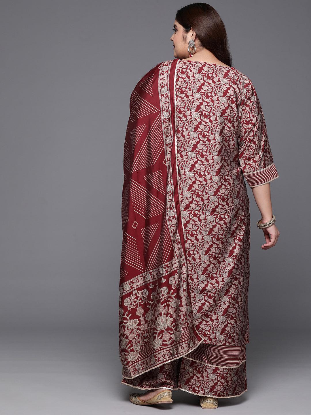 Plus Size Red Printed Silk Blend Straight Kurta With Palazzos & Dupatta - Libas
