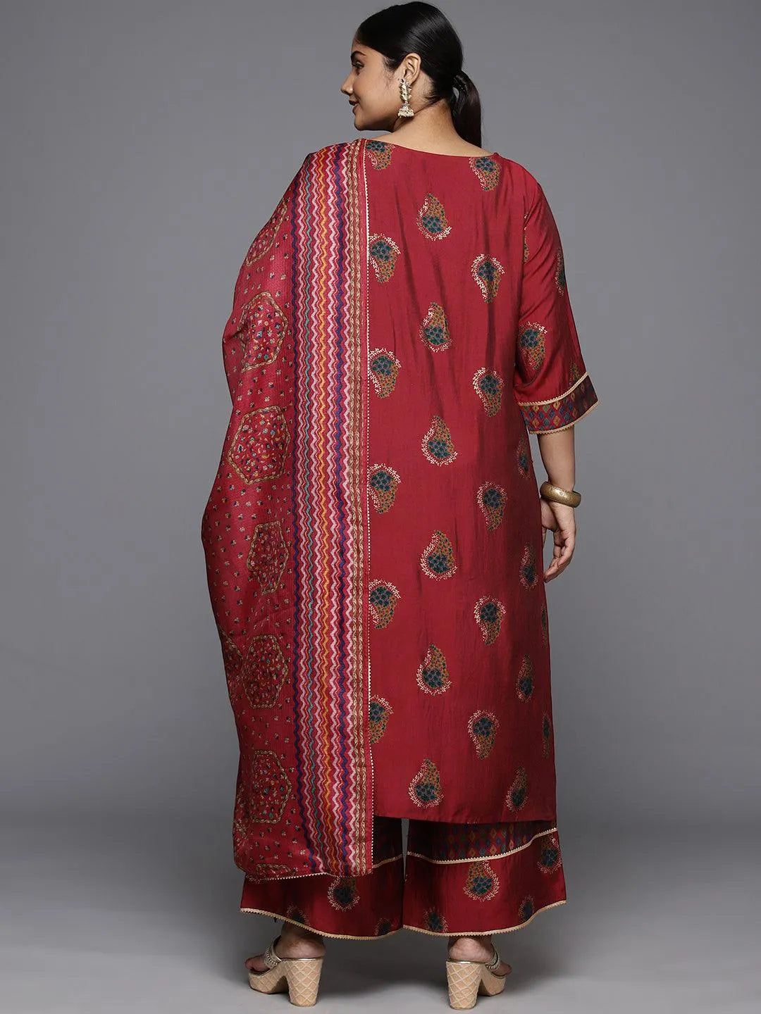 Plus Size Red Printed Silk Blend Straight Kurta With Palazzos & Dupatta - Libas 