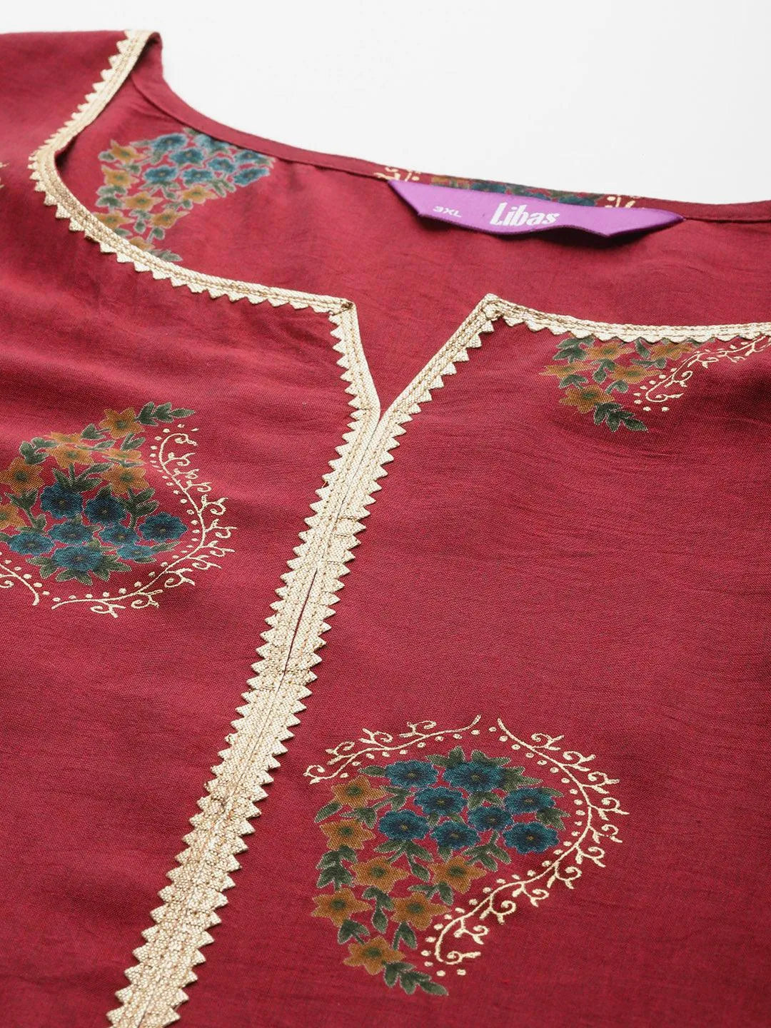 Plus Size Red Printed Silk Blend Straight Kurta With Palazzos & Dupatta - Libas 