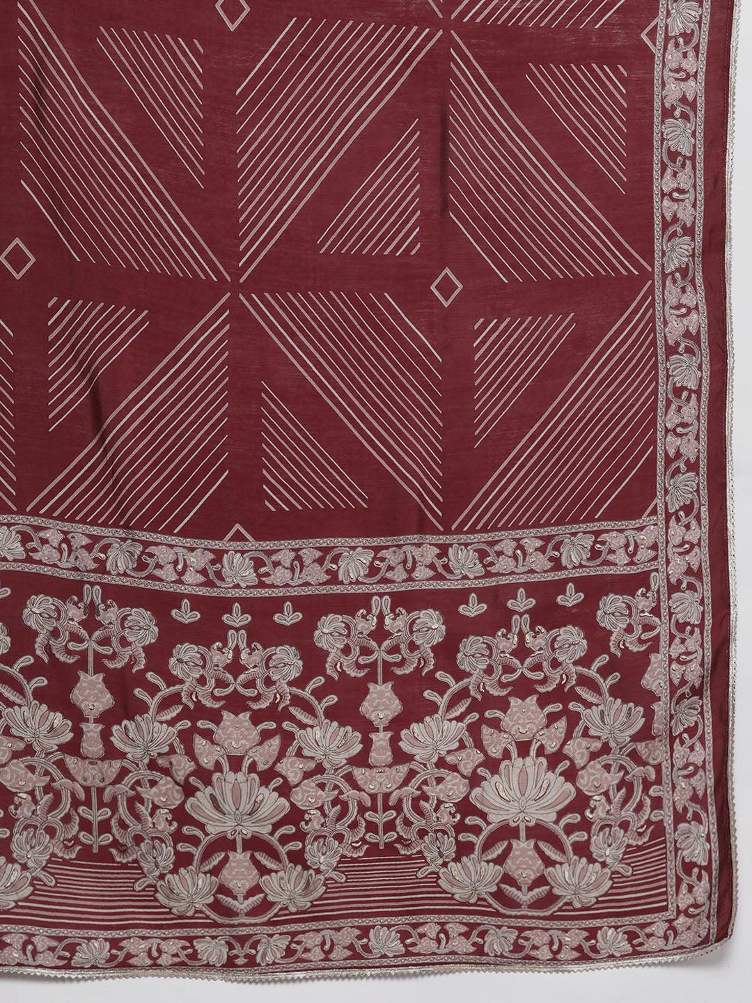 Plus Size Red Printed Silk Blend Straight Kurta With Palazzos & Dupatta - Libas