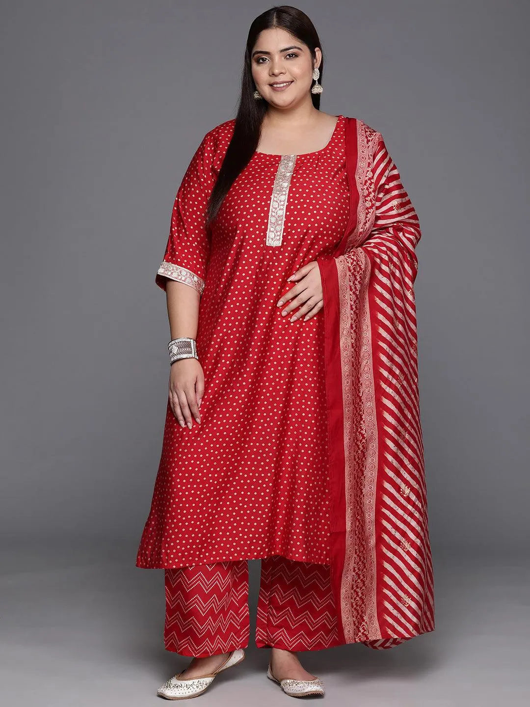 Plus Size Red Printed Silk Blend Straight Kurta With Trousers & Dupatta - Libas 