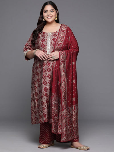 Plus Size Red Printed Silk Blend Straight Kurta With Trousers & Dupatta - Libas
