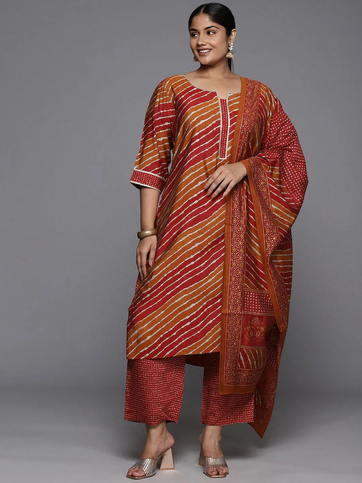 Plus Size Red Printed Silk Blend Straight Kurta With Trousers & Dupatta - Libas