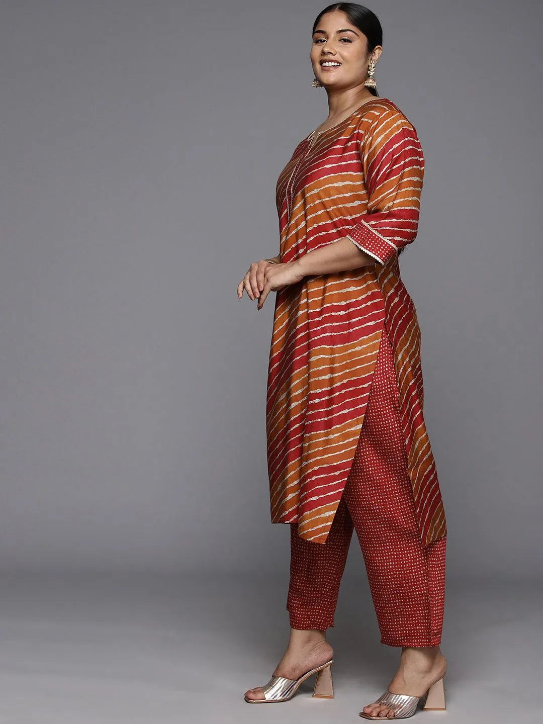 Plus Size Red Printed Silk Blend Straight Kurta With Trousers & Dupatta - Libas