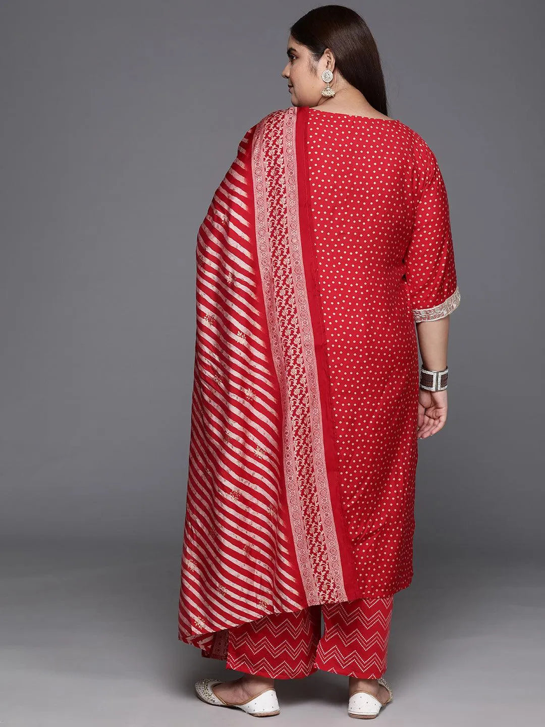 Plus Size Red Printed Silk Blend Straight Kurta With Trousers & Dupatta - Libas 