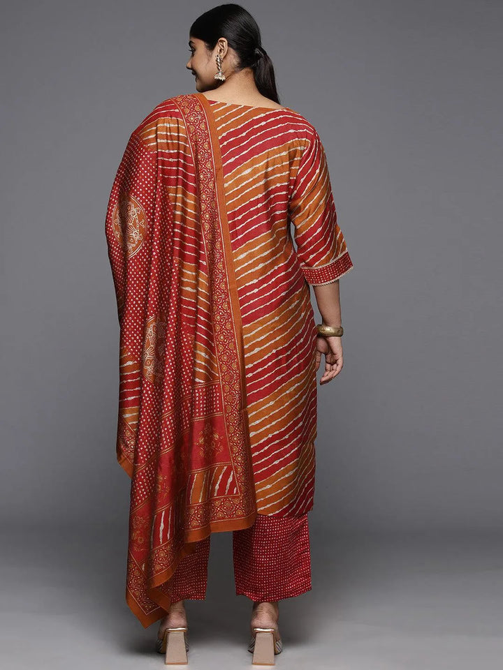 Plus Size Red Printed Silk Blend Straight Kurta With Trousers & Dupatta - Libas