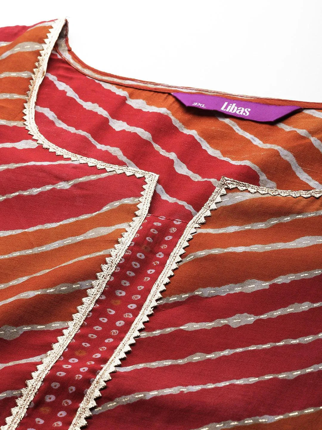 Plus Size Red Printed Silk Blend Straight Kurta With Trousers & Dupatta - Libas 
