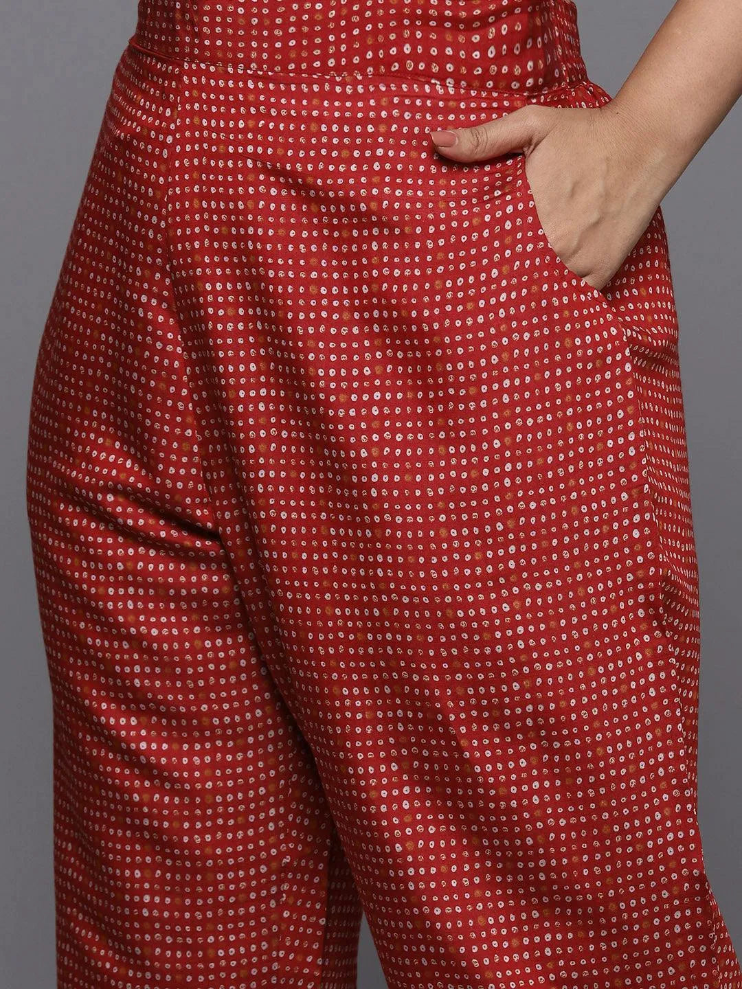 Plus Size Red Printed Silk Blend Straight Kurta With Trousers & Dupatta - Libas 