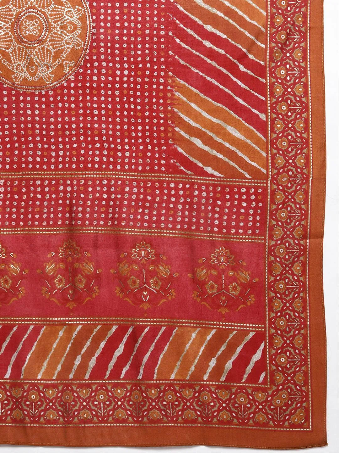 Plus Size Red Printed Silk Blend Straight Kurta With Trousers & Dupatta - Libas 