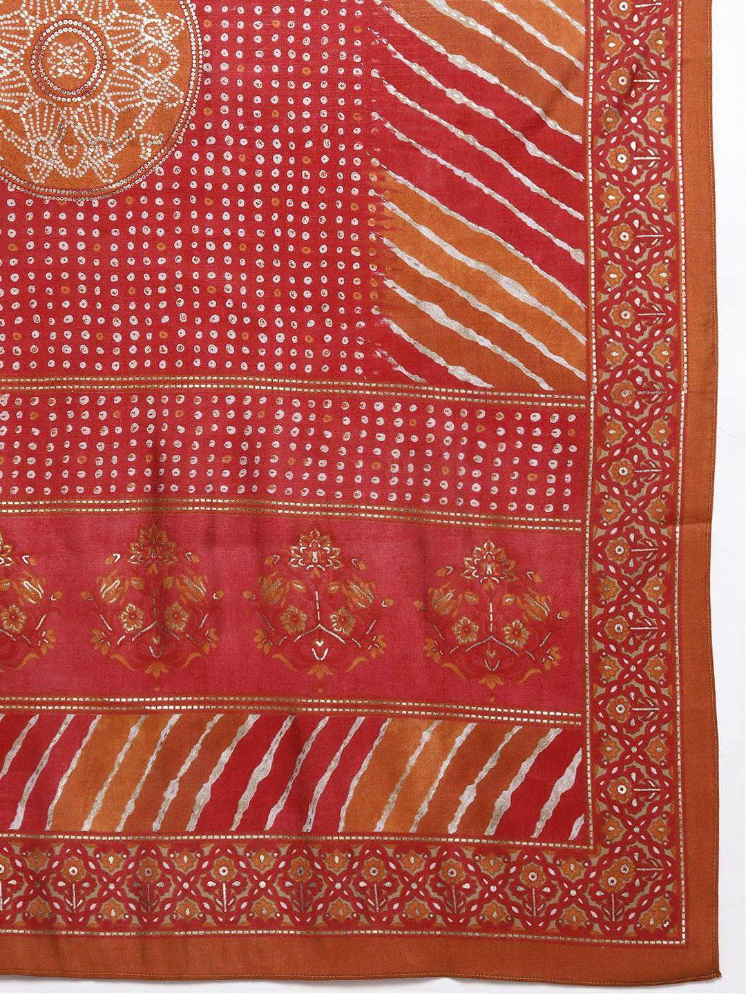 Plus Size Red Printed Silk Blend Straight Kurta With Trousers & Dupatta - Libas