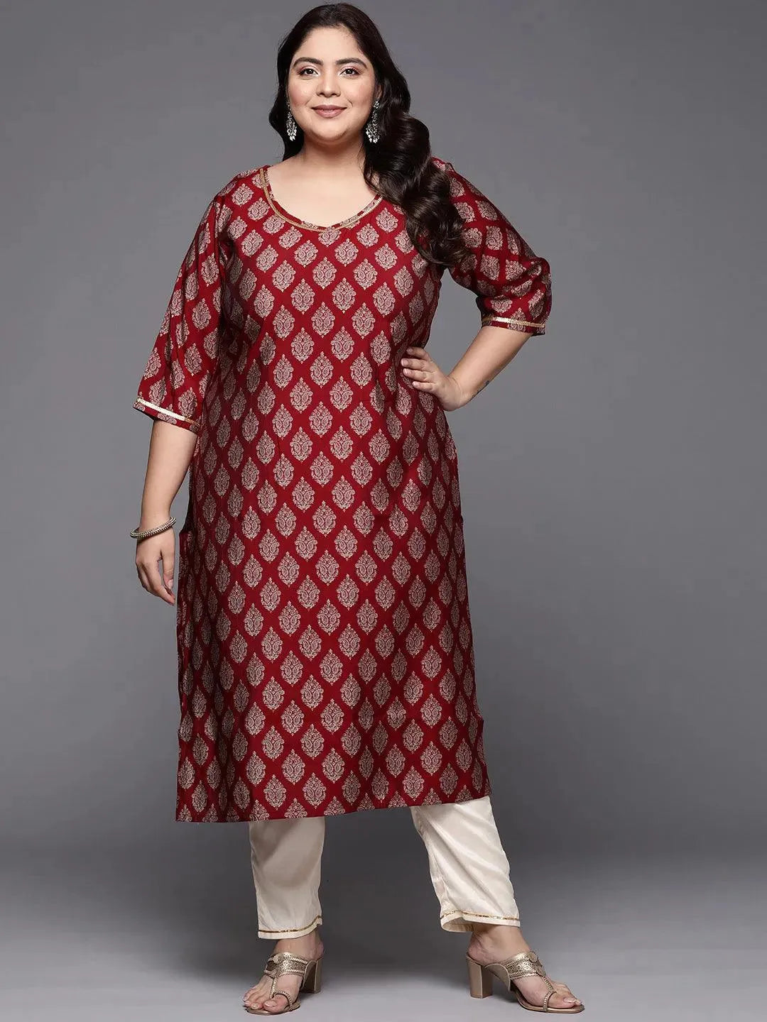 Plus Size Red Printed Silk Straight Kurta - Libas