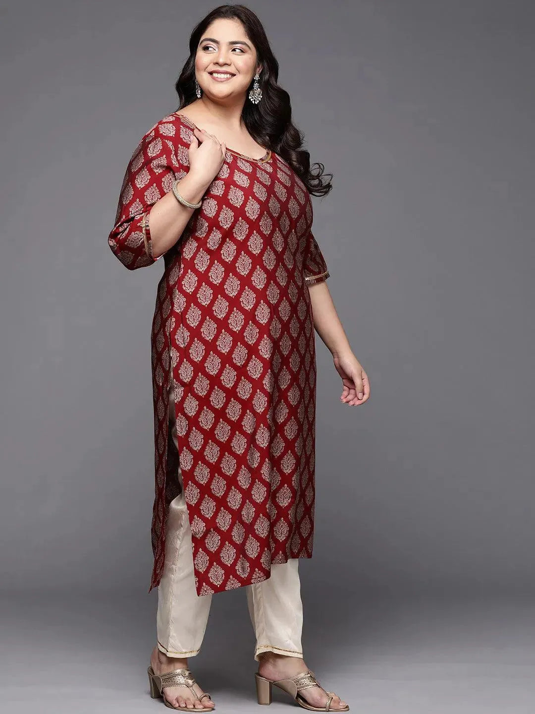 Plus Size Red Printed Silk Straight Kurta - Libas 