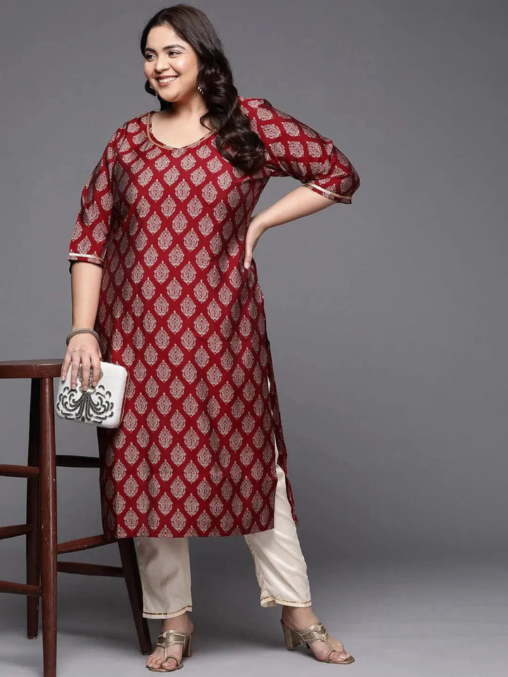 Plus Size Red Printed Silk Straight Kurta - Libas