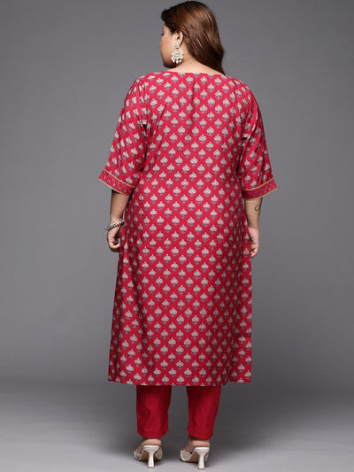 Plus Size Red Printed Silk Straight Kurta - Libas