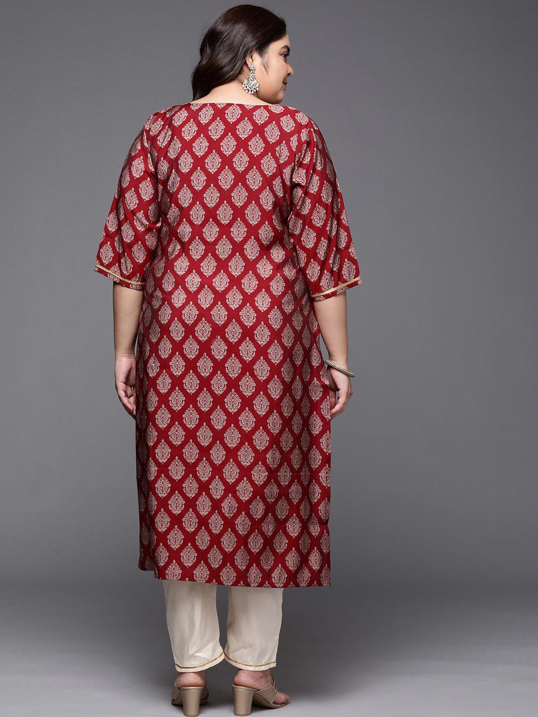 Plus Size Red Printed Silk Straight Kurta - Libas