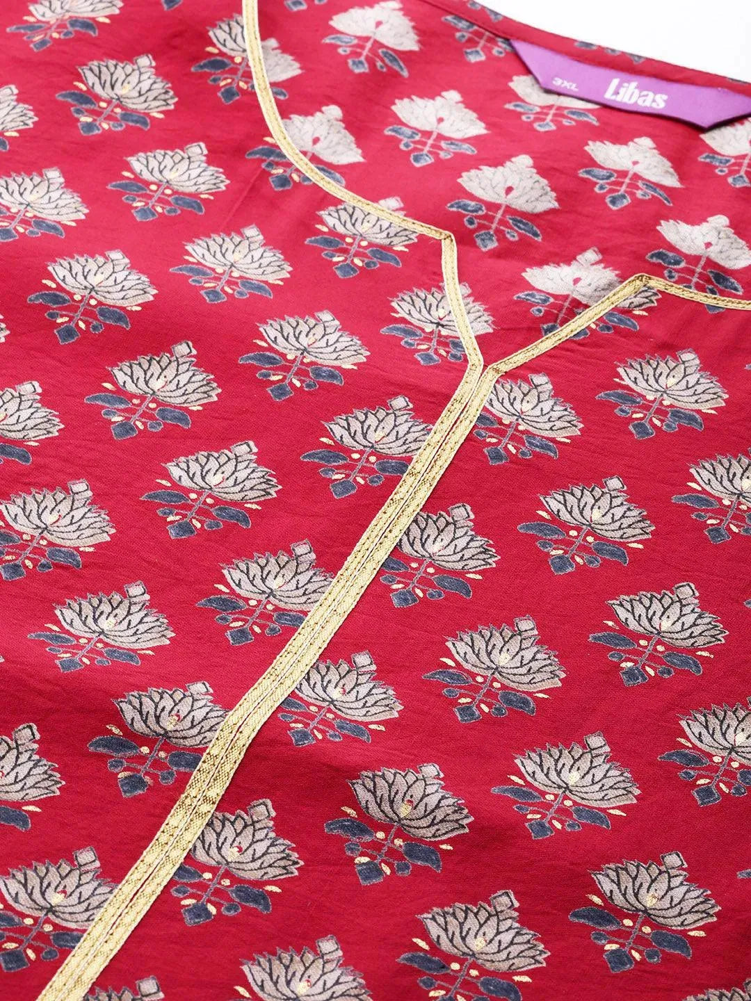 Plus Size Red Printed Silk Straight Kurta - Libas 