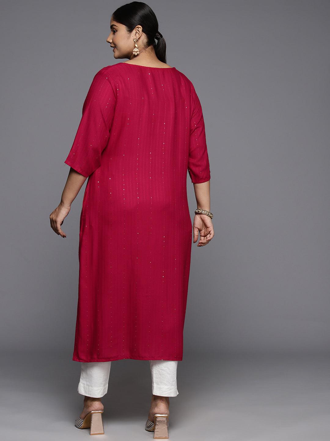 Plus Size Red Rayon Embroidered Straight Kurta - Libas