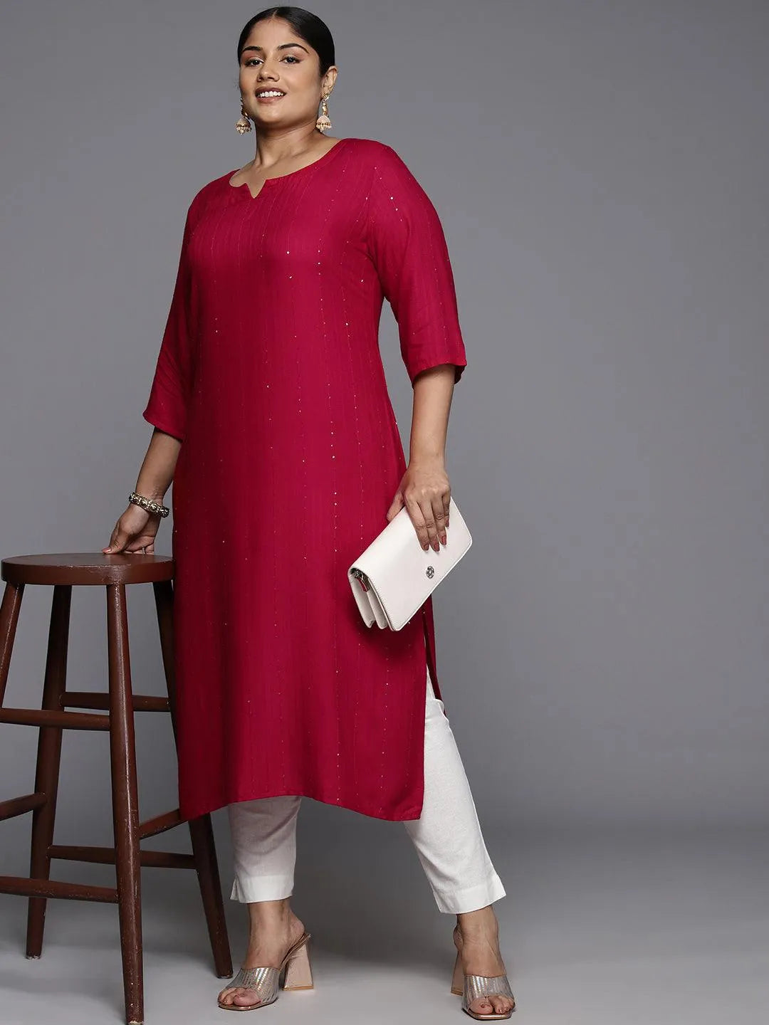 Plus Size Red Rayon Embroidered Straight Kurta - Libas 