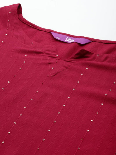 Plus Size Red Rayon Embroidered Straight Kurta - Libas