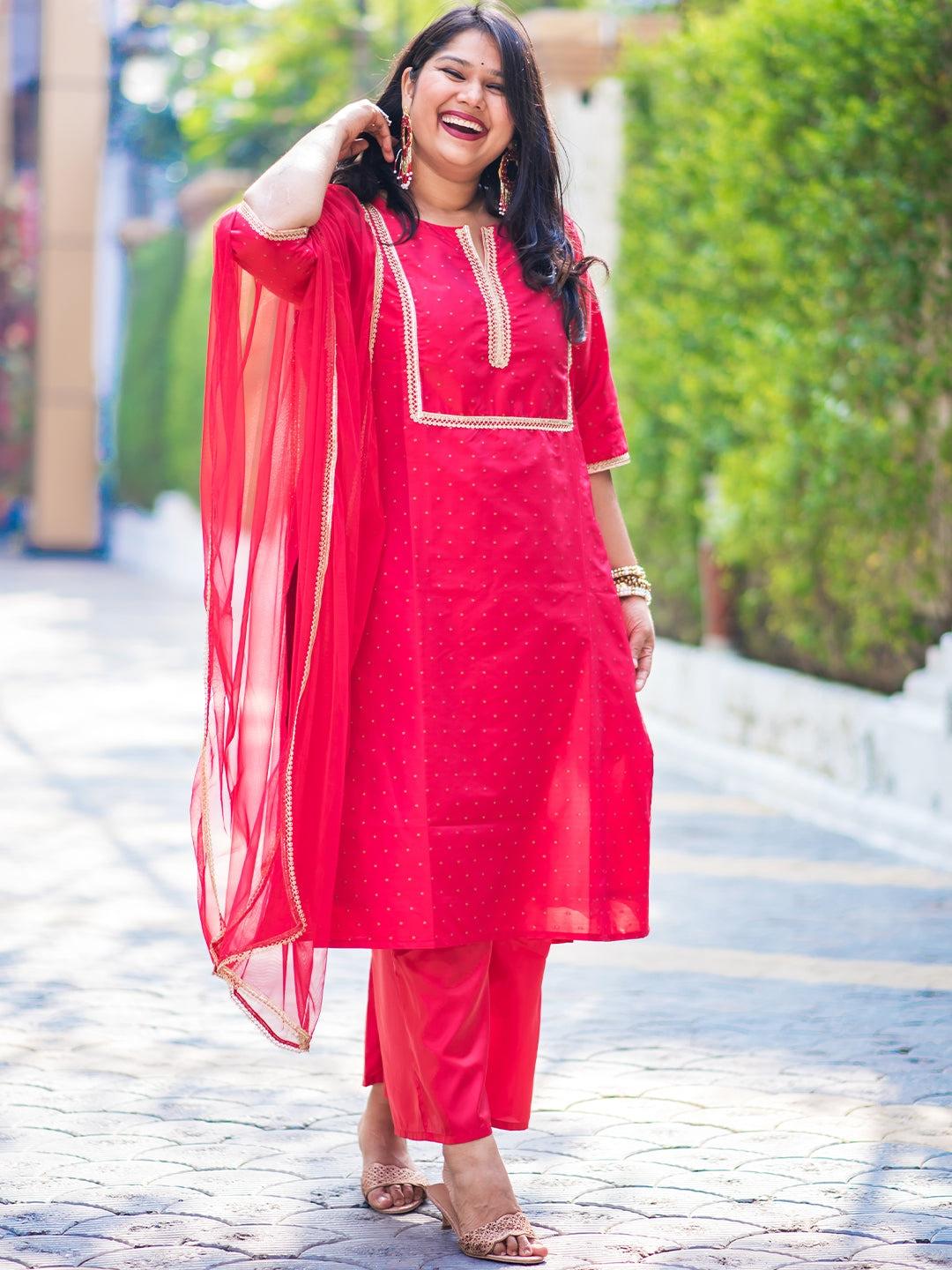 Plus Size Red Woven Design Art Silk Straight Kurta With Palazzos & Dupatta