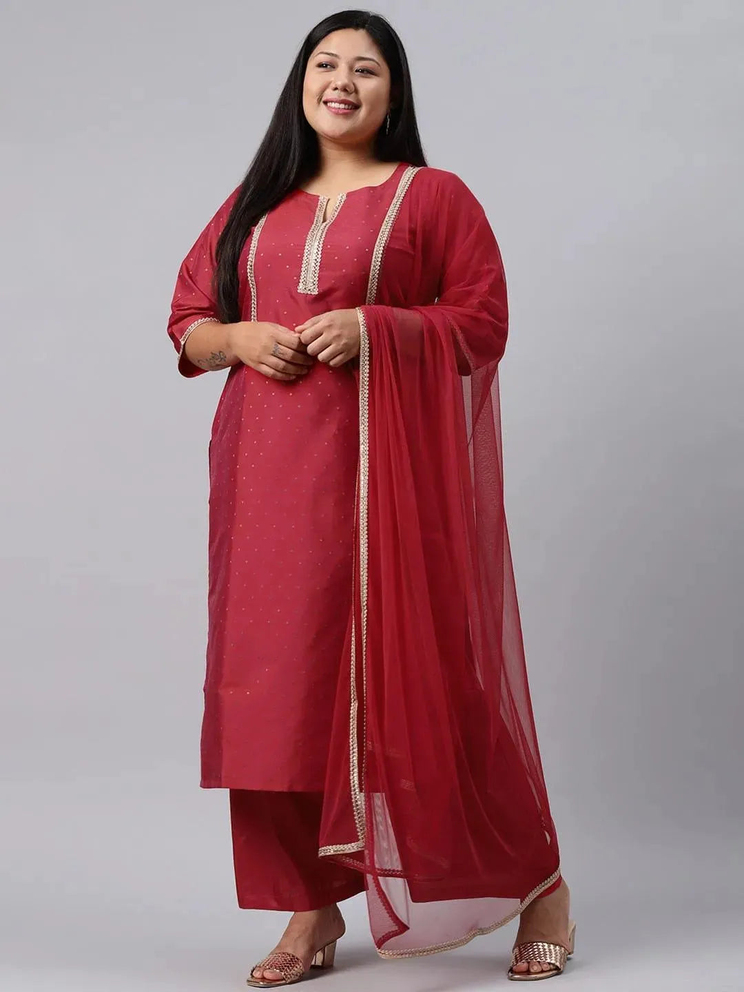 Plus Size Red Woven Design Art Silk Suit Set - Libas 