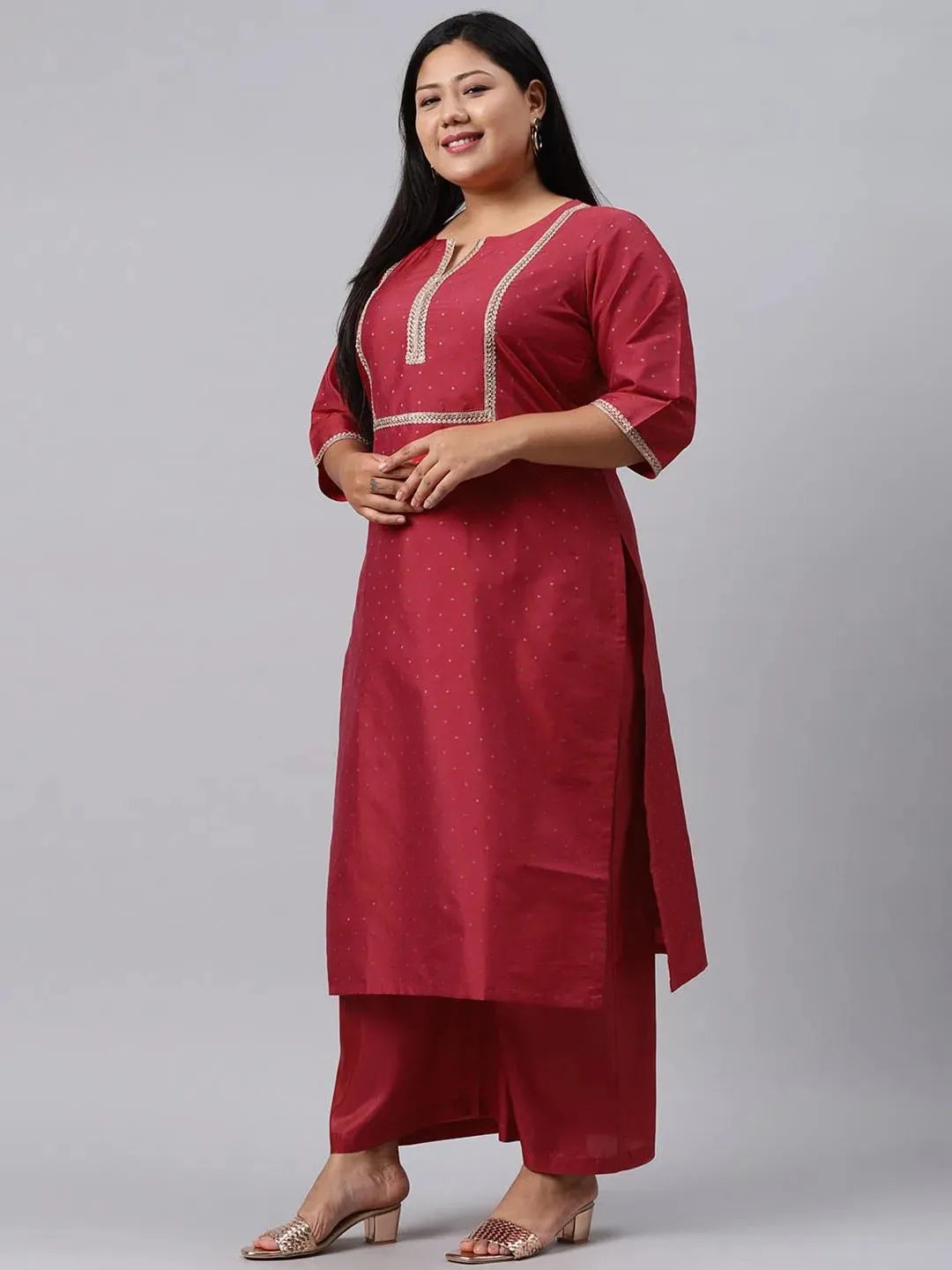 Plus Size Red Woven Design Art Silk Suit Set - Libas