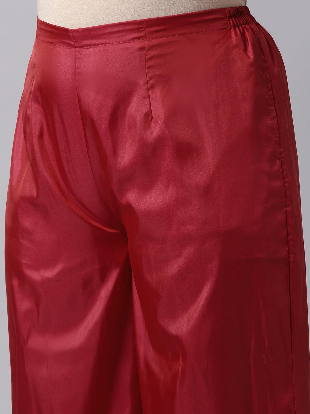 Plus Size Red Woven Design Art Silk Straight Kurta With Palazzos & Dupatta