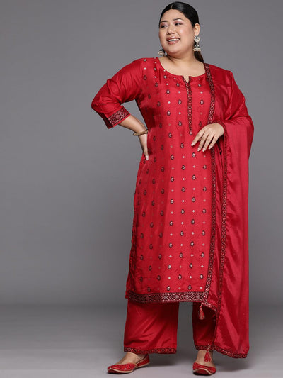 Plus Size Red Woven Design Silk Blend Straight Suit Set - Libas