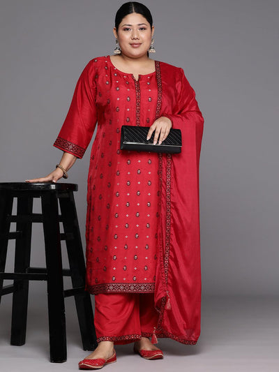 Plus Size Red Woven Design Silk Blend Straight Suit Set - Libas