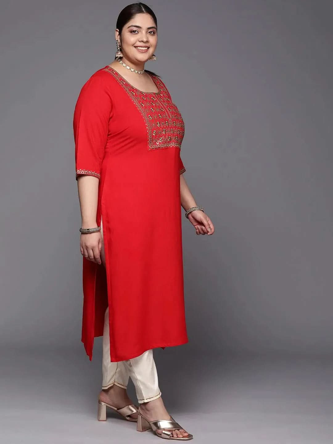 Plus Size Red Yoke Design Rayon Straight Kurta - Libas 