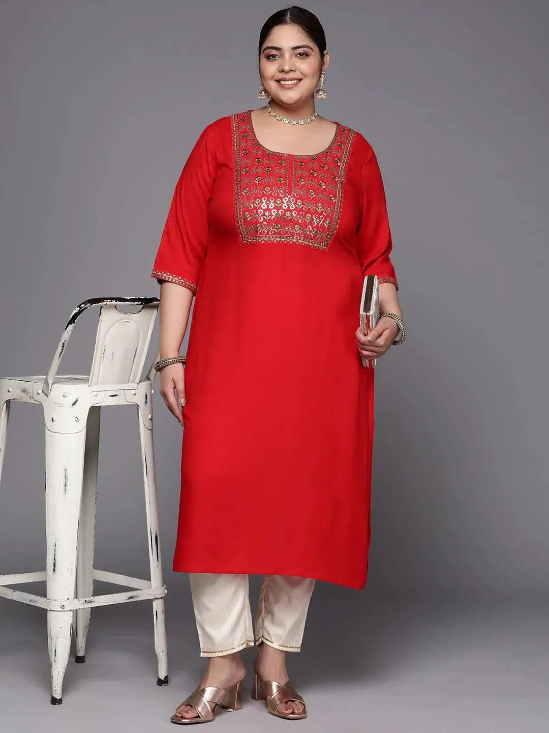 Plus Size Red Yoke Design Rayon Straight Kurta - Libas 