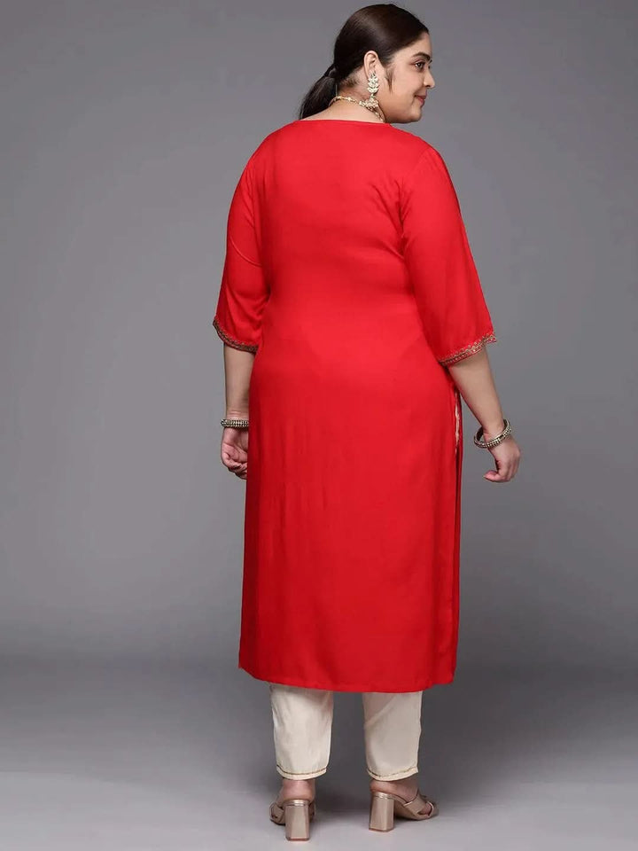Plus Size Red Yoke Design Rayon Straight Kurta - Libas