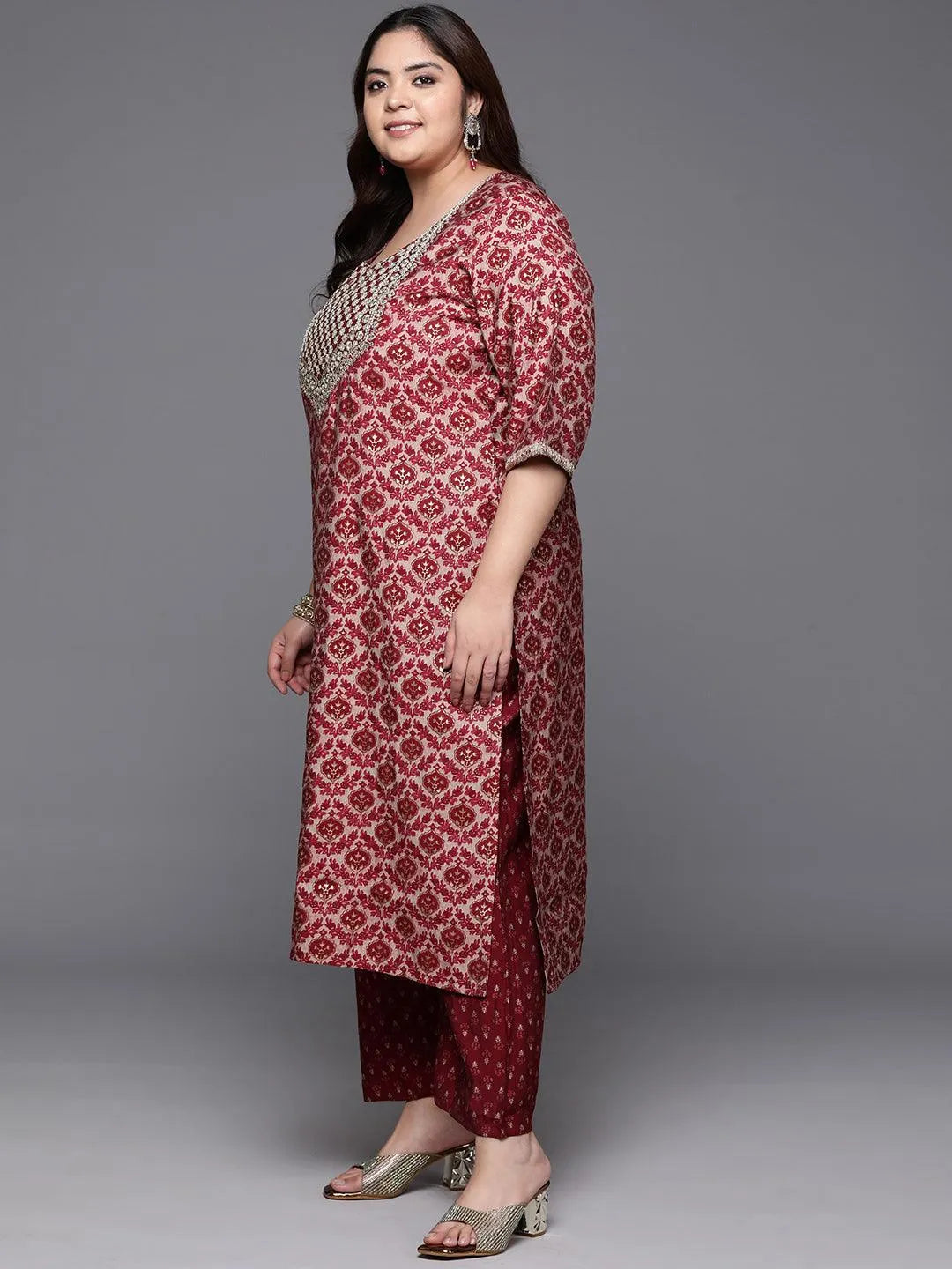 Plus Size Red Yoke Design Silk Blend Straight Kurta With Trousers & Dupatta - Libas 
