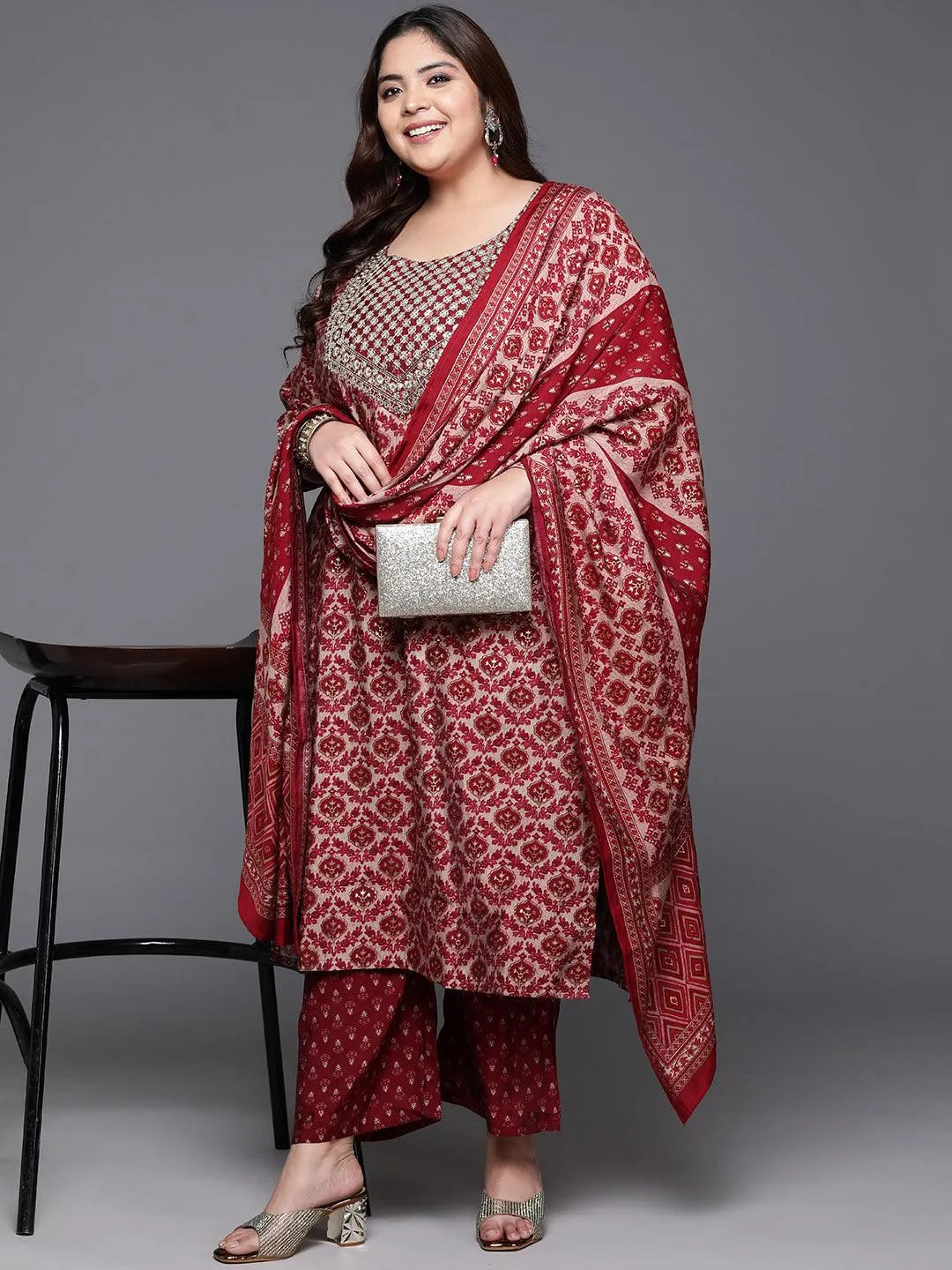 Plus Size Red Yoke Design Silk Blend Straight Kurta With Trousers & Dupatta - Libas 