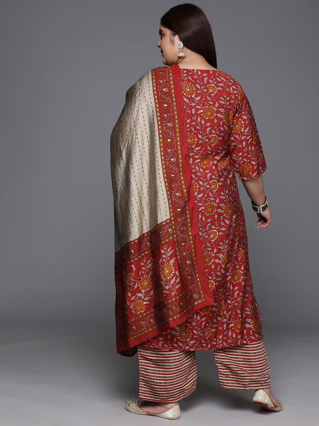 Plus Size Red Yoke Design Silk Blend Straight Suit With Dupatta