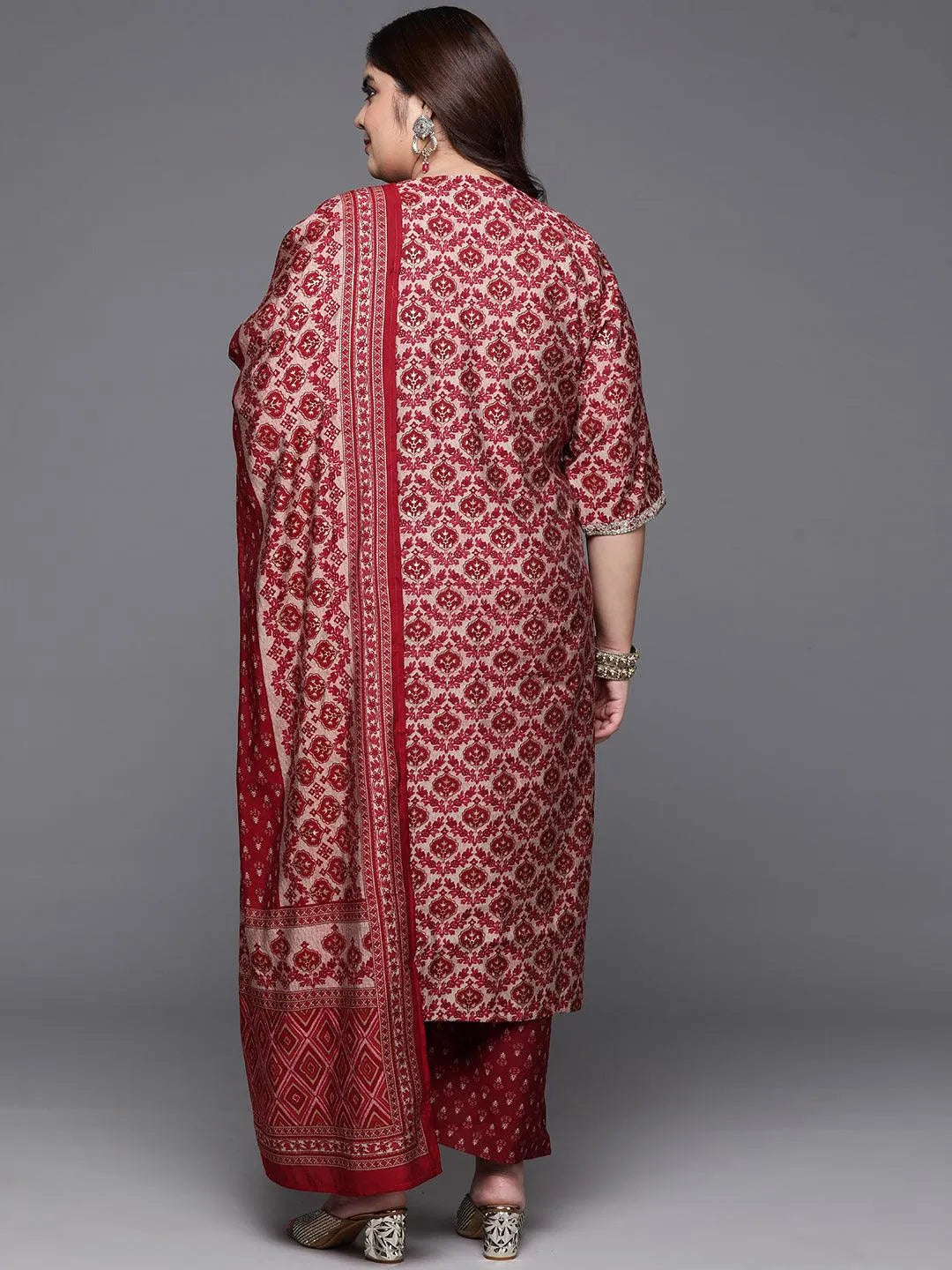 Plus Size Red Yoke Design Silk Blend Straight Kurta With Trousers & Dupatta - Libas 