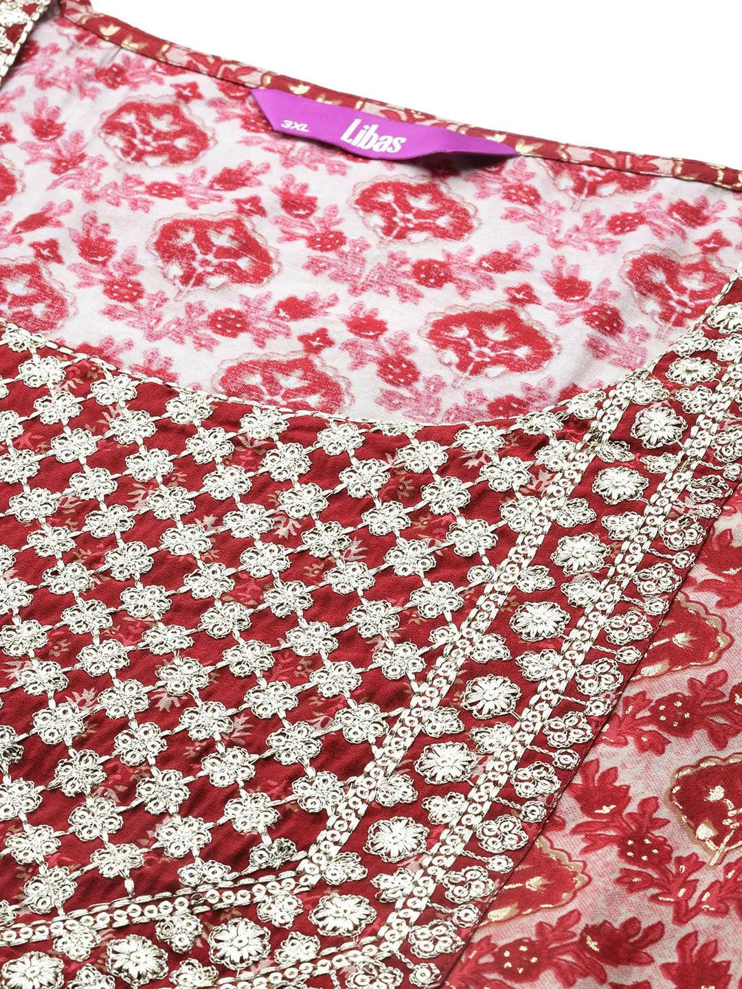 Plus Size Red Yoke Design Silk Blend Straight Kurta With Trousers & Dupatta - Libas 
