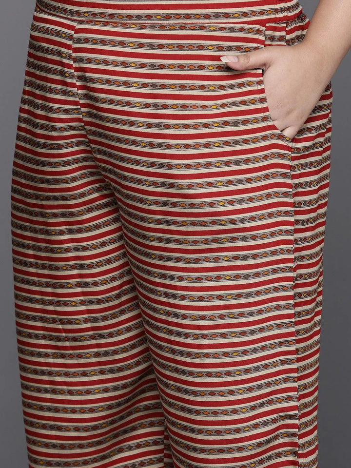 Plus Size Red Yoke Design Silk Blend Straight Kurta With Trousers & Dupatta - Libas