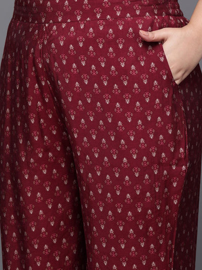 Plus Size Red Yoke Design Silk Blend Straight Kurta With Trousers & Dupatta - Libas