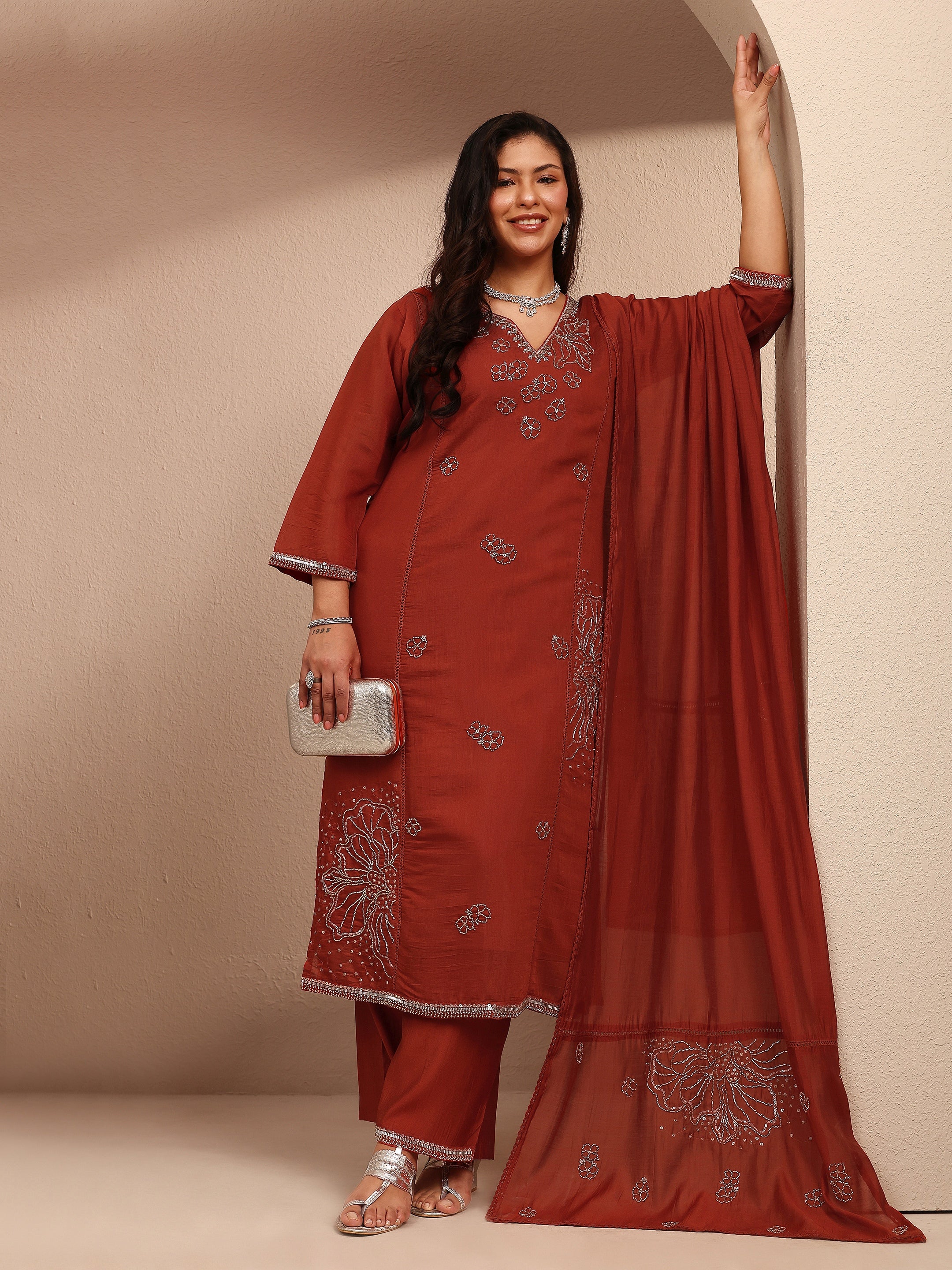 Plus Size Rust Embroidered Plus Size Clothing Silk Blend Straight Suit Set With Dupatta-image-41