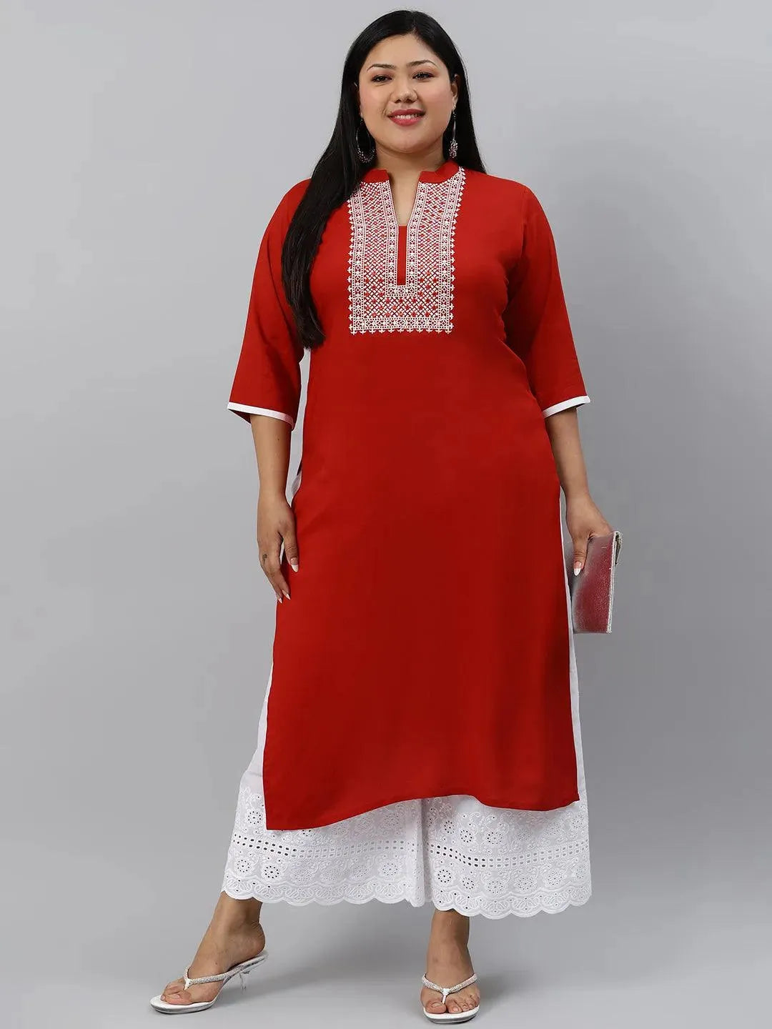 Plus Size Rust Embroidered Rayon Kurta - Libas