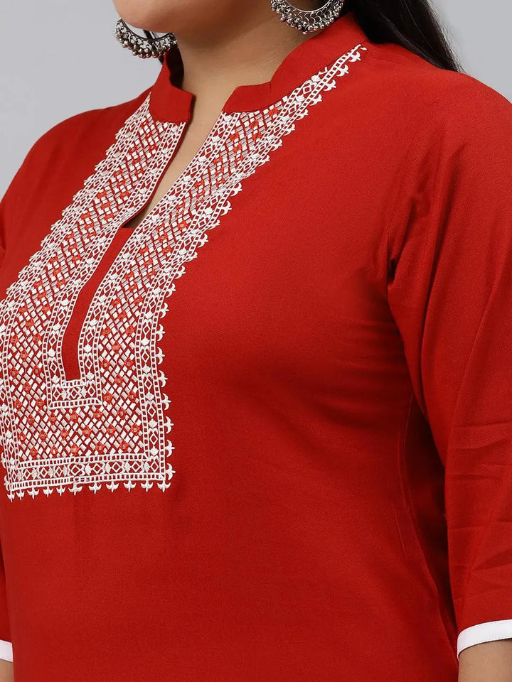 Plus Size Rust Embroidered Rayon Kurta - Libas