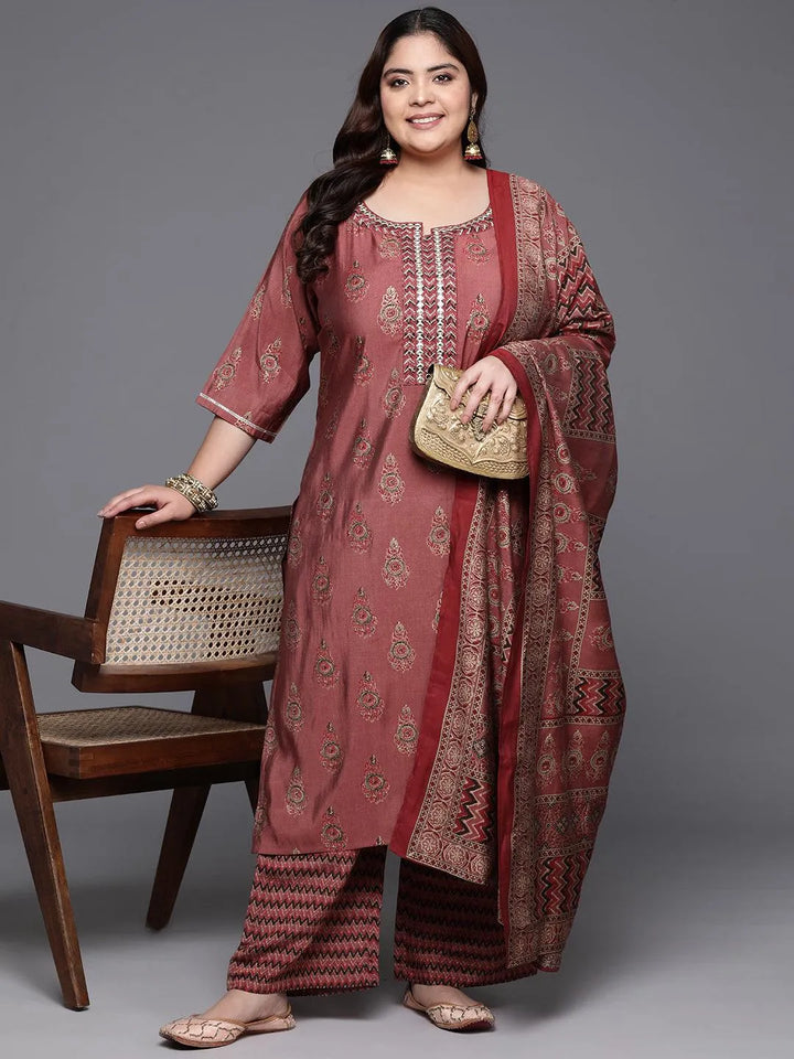 Plus Size Rust Printed Silk Blend Straight Kurta With Trousers & Dupatta - Libas