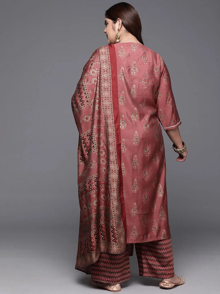 Plus Size Rust Printed Silk Blend Straight Kurta With Trousers & Dupatta - Libas