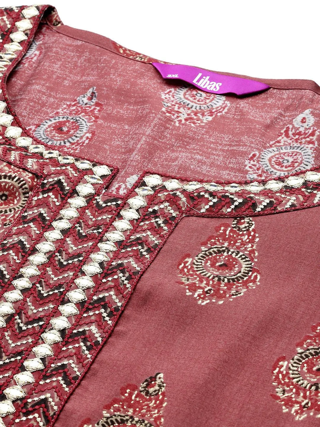 Plus Size Rust Printed Silk Blend Straight Kurta With Trousers & Dupatta - Libas 