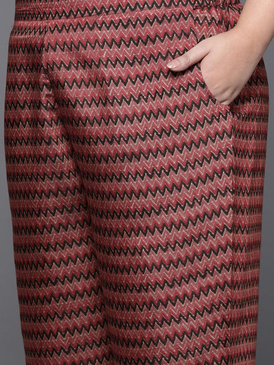 Plus Size Rust Printed Silk Blend Straight Kurta With Trousers & Dupatta - Libas